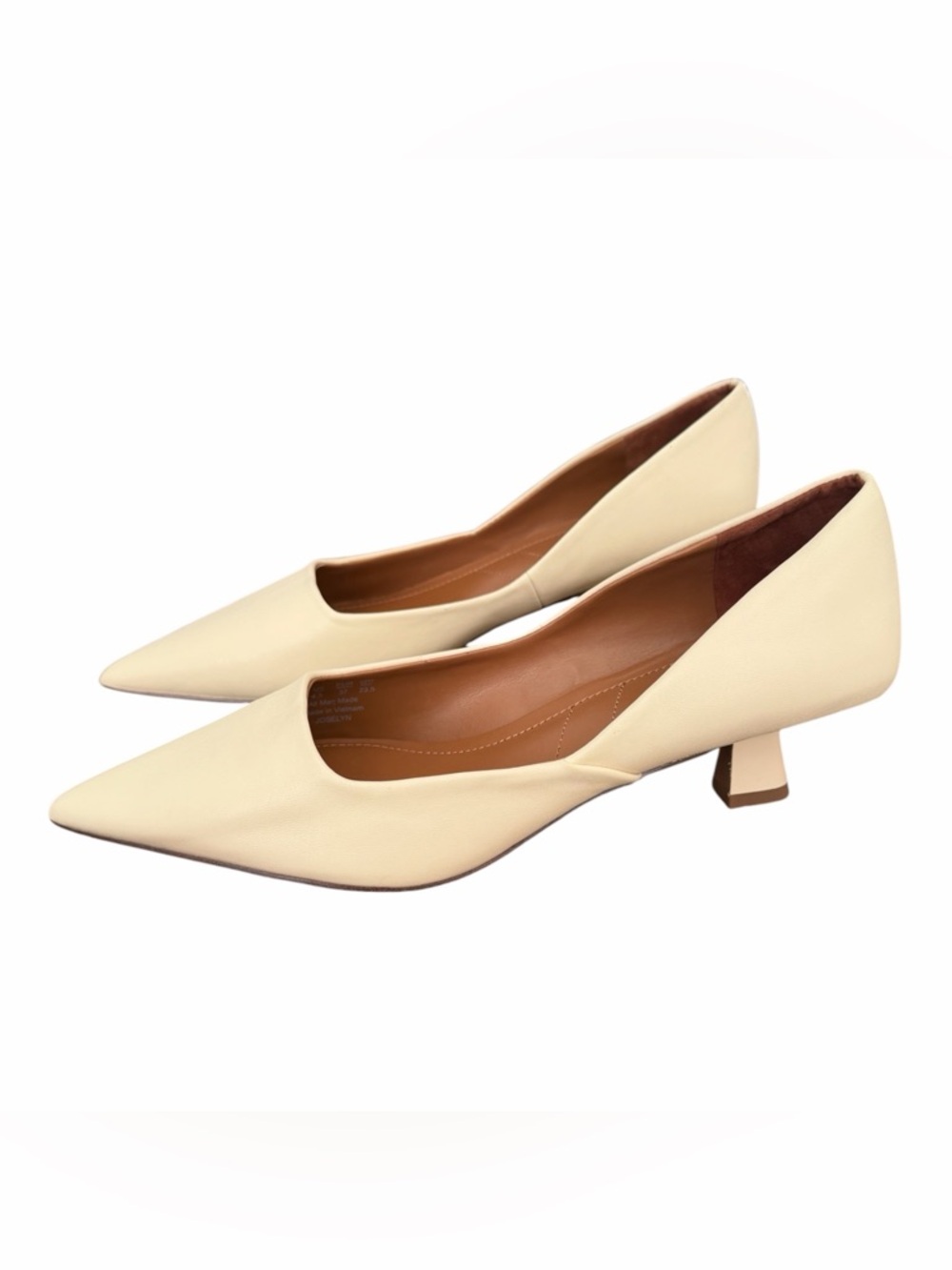 Franco Sarto Pointed Toe Low Block Heel Pumps in Cream